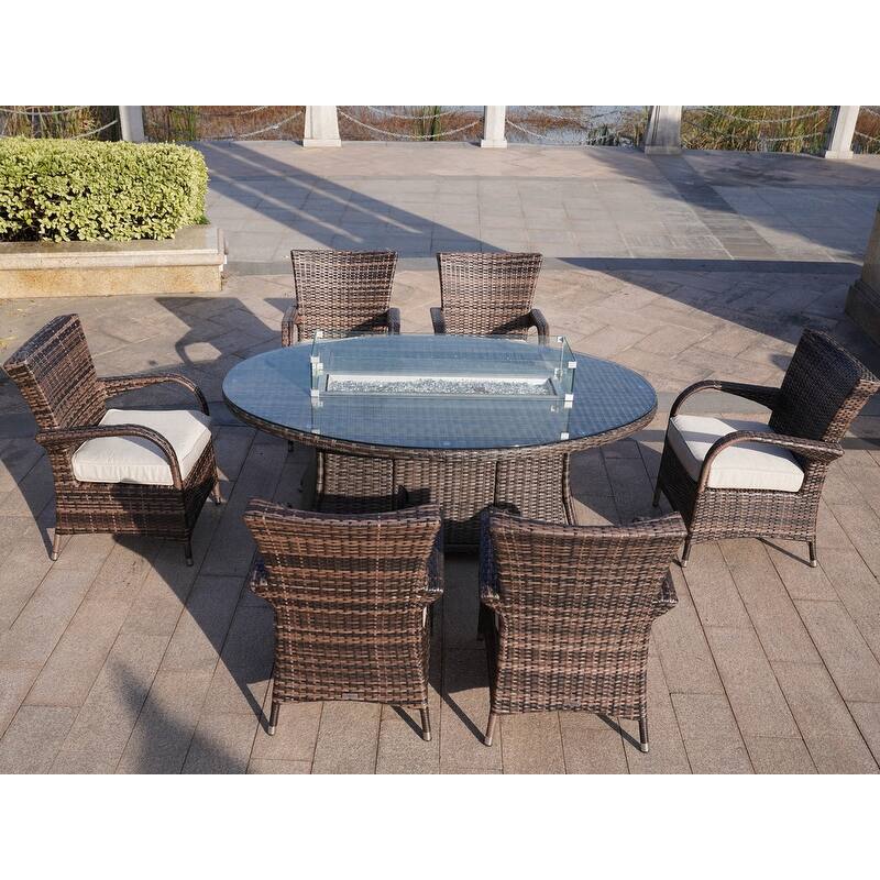 7-Piece Outdoor Wicker Dining Set with 6 Arm Chairs - N/A
