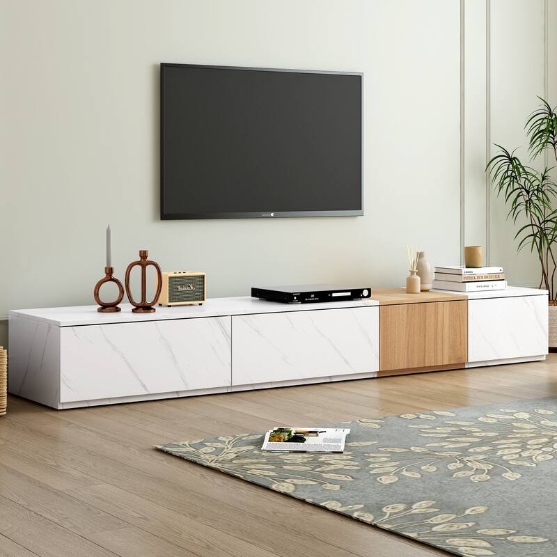 Modern Walnut Wood TV Stand Grain with 4 Storage Drawers Large Storage Capacity for Living Room and Bedroom - White
