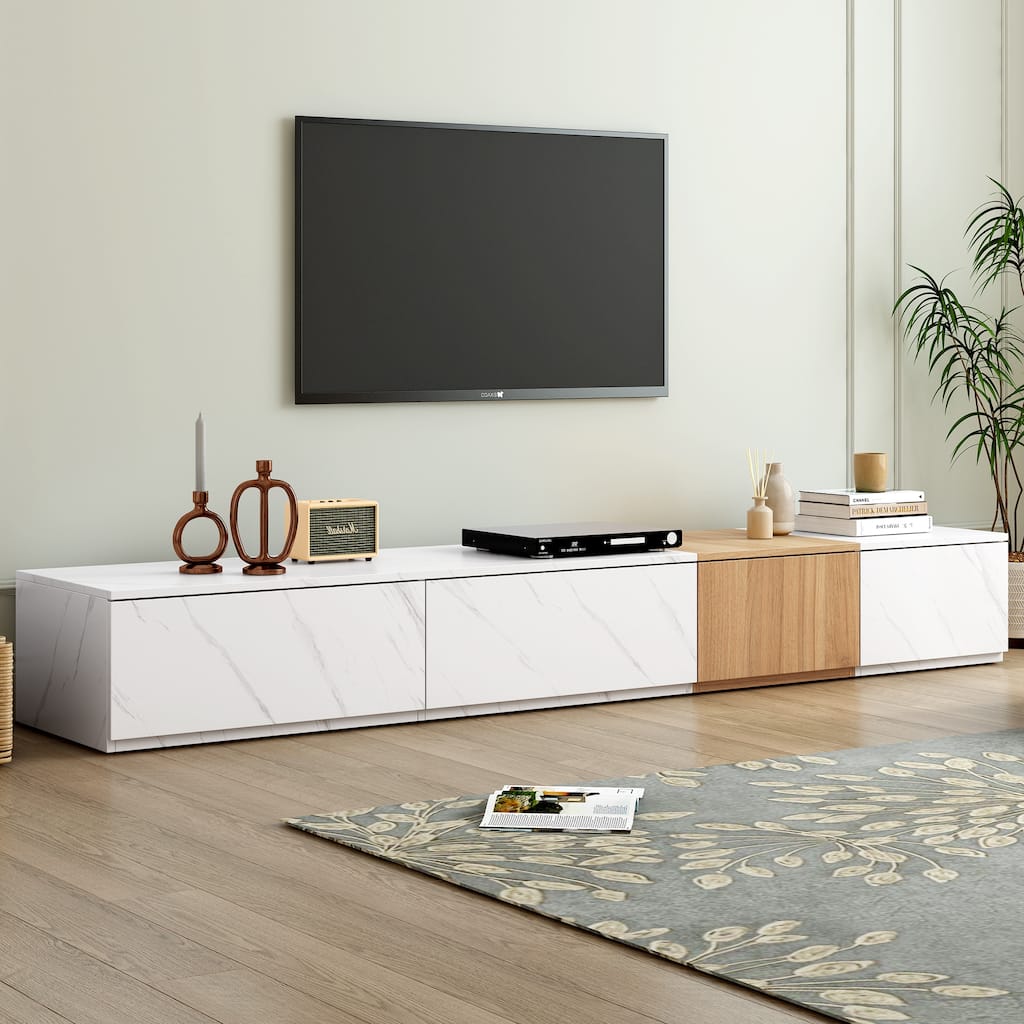 White 78.7" TV Stand with 4 Storage, Faux Marble and Walnut Wood Grain Finish for TVs Up to 88"