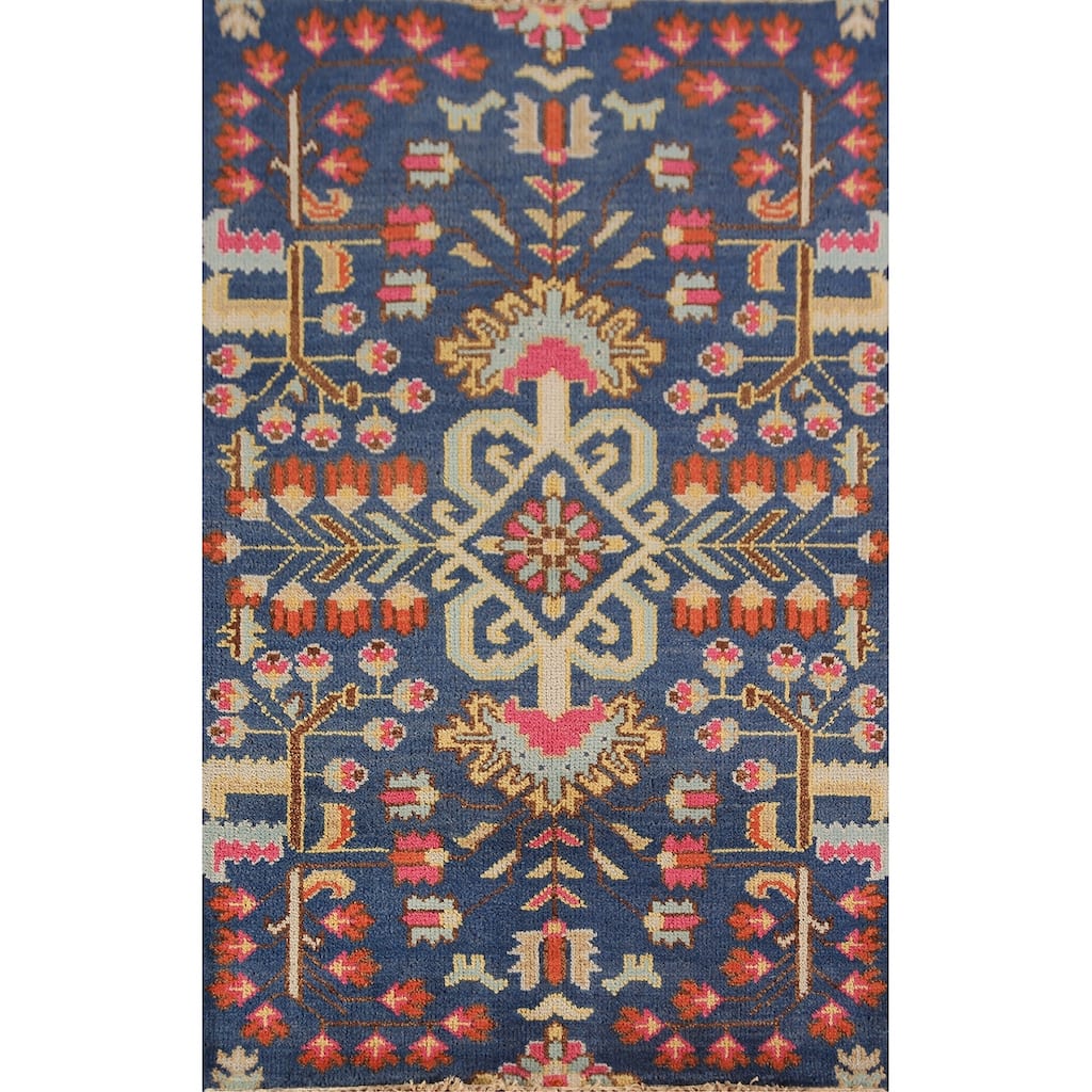 All-Over Blue Oushak Indian Foyer Rug Hand-Knotted Wool Carpet - 3'1"x 5'0"