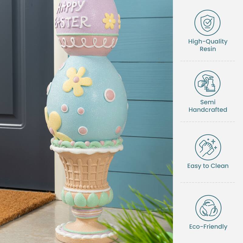 Glitzhome 30.5"H Easter Resin Macaron Stacked Egg & Bunny Porch Decor