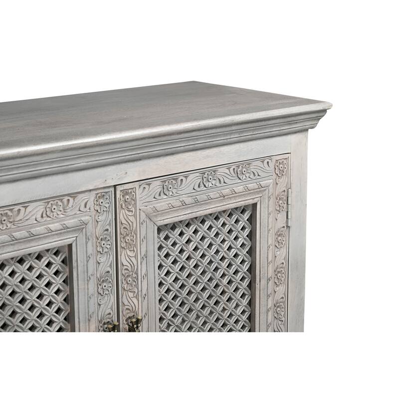 HomeRoots 111" Gray Distressed Solid Wood Carved Floral Sideboard with Six Doors - 111.00 in. x 37.00 in. x 17.00 in.