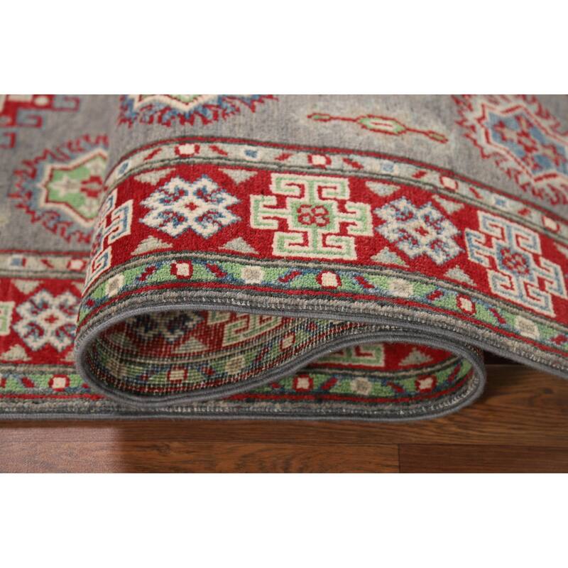 Gray Geometric Kazak Runner Rug Handmade Wool Carpet - 2'9" x 9'7"