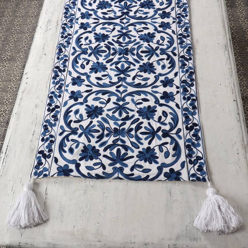 Novica Handmade Floral Charm Chain Stitched Cotton Table Runner
