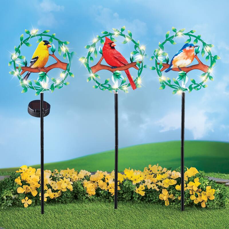 Solar Powered LED Lighted Bird Stakes - Set of 3 - 51 x 23.75 x 3.5 - Green - 51 x 23.75 x 3.5 - Metal