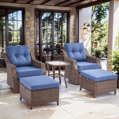 3 Pieces Swivel Chairs Ottomans with Table - Blue Cushion - Brown