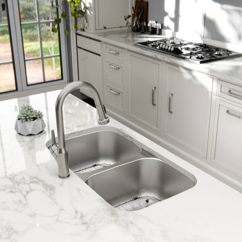 Karran Profile 32" Undermount 18 Gauge Double Bowl Stainless Steel Kitchen Sink with Accessories