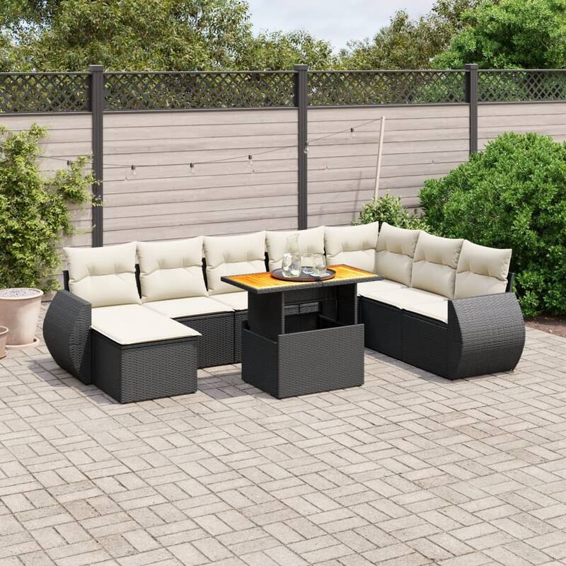 vidaXL Patio Sofa Set with Cushions Footstool and Table 9 Piece Poly Rattan - 21.7 x 39.4 x 28.7 - Black