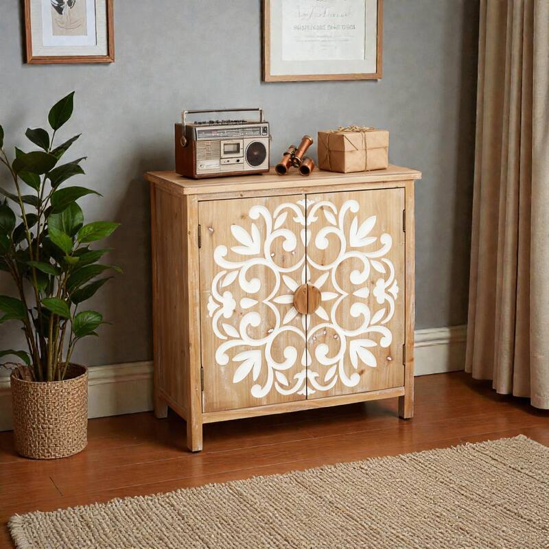 Rustic Wooden Accent Cabinet with Floral Carved Doors, 2-Door Storage Sideboard for Living Room