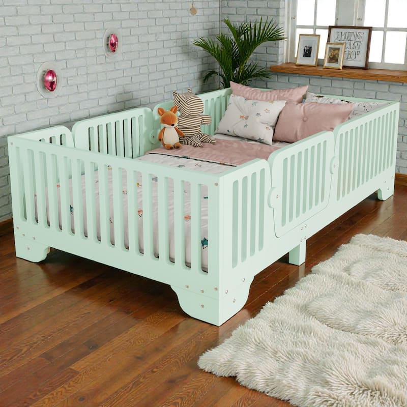 Montessori Floor Bed with Fence and Door, Kids Floor Bed Frame with Slats, No Box Spring Needed