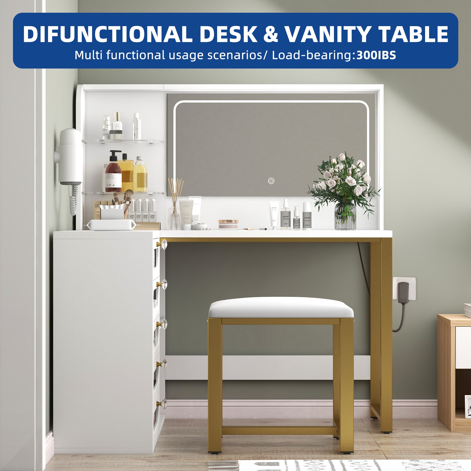 Moasis 48 L Shaped Makeup Vanity Set 5 Drawers with Lighted Mirror and Stool