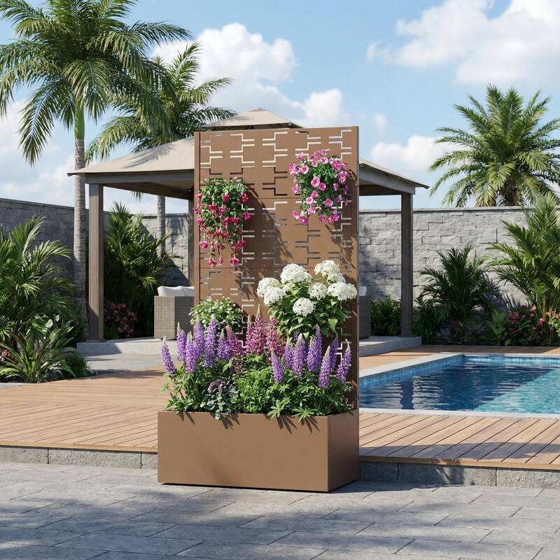 Metal Galvanized Planter Box with Trellis Privacy Screen Lockable Wheels