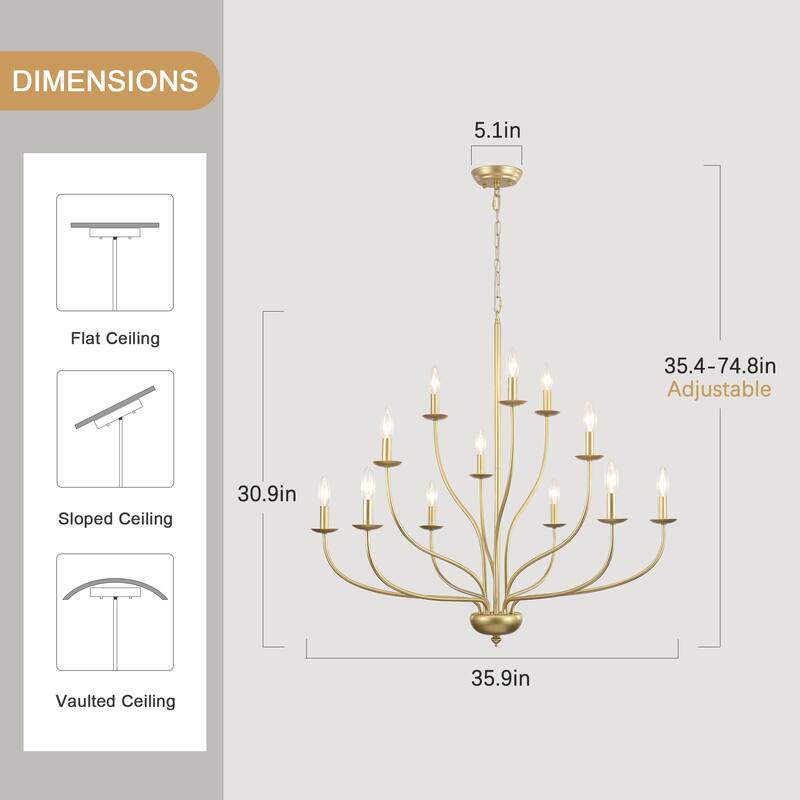 12-Light Candlestick Hanging Linear Chandelier Lighting 3-Tier Ceiling Light Fixture for Kitchen Island