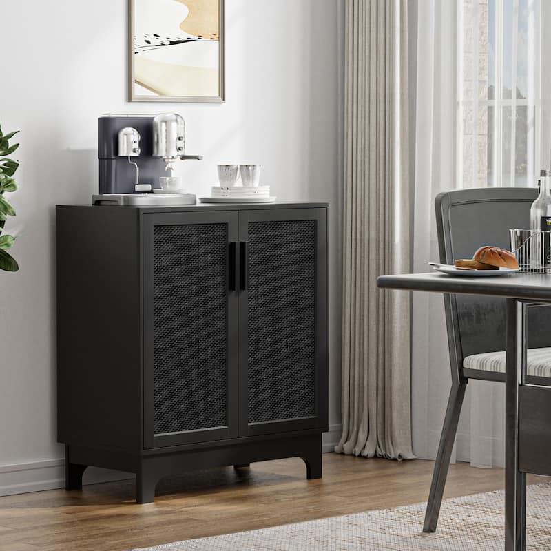Anmytek Modern 2-Door Black Buffets Sideboards Rattan Kitchen Storage Cabinet with Adjustable Shelf - 31.5" W x 15.7" D x 35" H