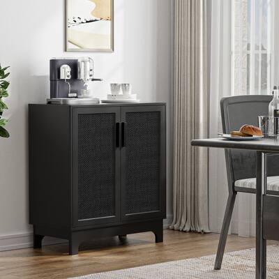 Anmytek Modern Black 2 Door Buffet Sideboard Rattan Accent Storage Cabinet with Adjustable Shelf - 31.5" W x 15.7" D x 35" H