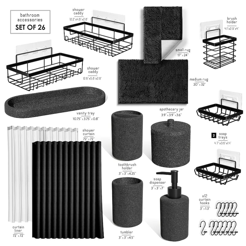 Clara Clark Complete Bathroom Accessories Set Shower Curtain, Bath Rugs & Shower Caddies - Complete Set + Bath Rugs + Shower Caddy - Coal Black