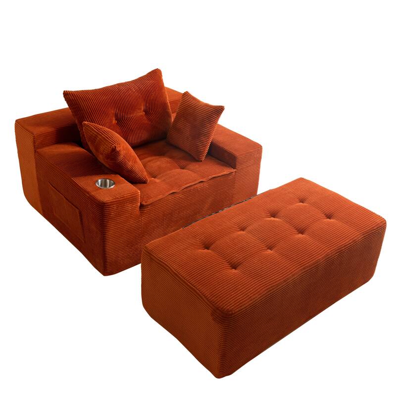Corduroy Bean Bag Sofa With Ottoman - Orange