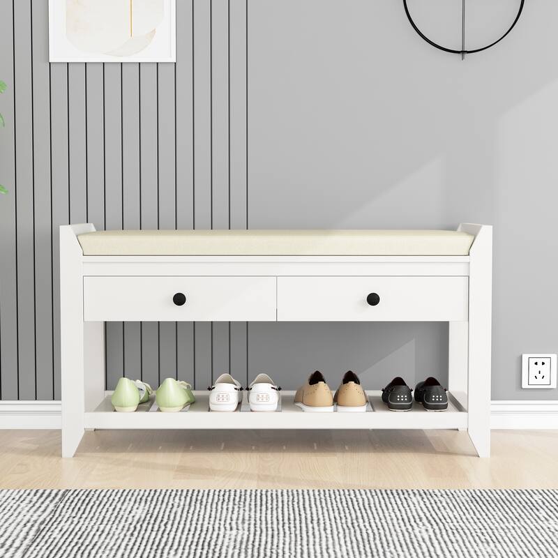 Entryway Storage Shoe Rack Bench with Cushioned Seat and Drawers - White