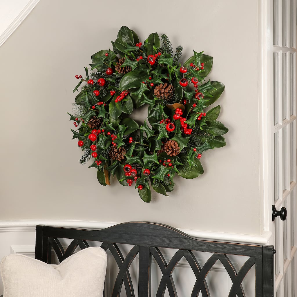 28" Premium Berry/Pine/Magnolia/Holly Wreath - Red Green