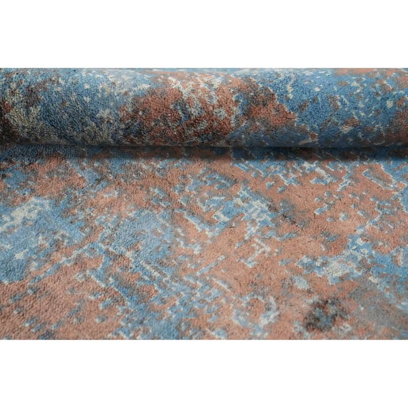Hand Knotted Oriental Viscose Silk Carpet Modern Abstract Navy Blue & Blues Abstract Area Rug - 7' 10'' X 5' 0''