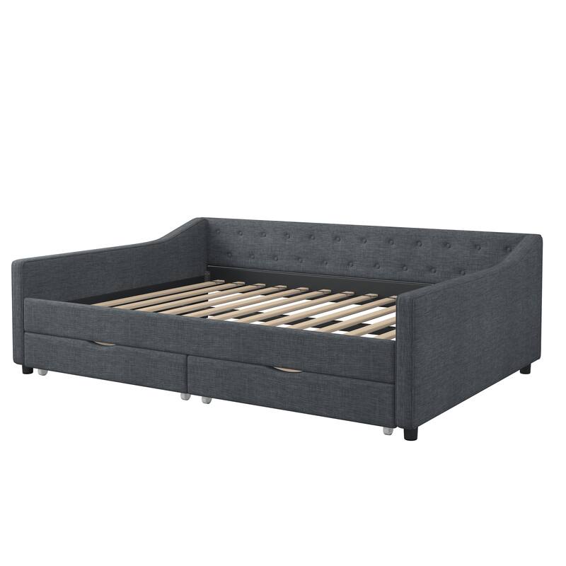 Modern Sofa Bed with Two Large Storage Drawers and Waved Arms Design