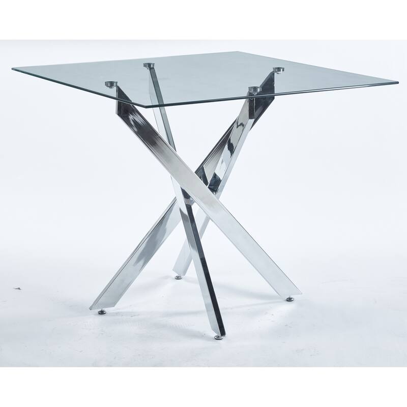 Modern Square Glass Dining Table for 4, Kitchen Table with Tempered Glass Top & Chrome Metal Legs for Dining Room, Living Room