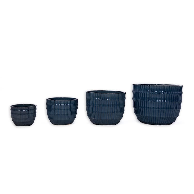 Antique Blue Ceramic Planter Set of 4 - 14.2" Square Weatherproof Plant Pots with Drainage Holes