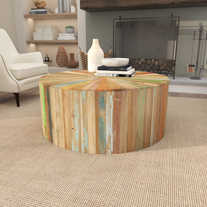 Brown Reclaimed Wood Handmade Pinwheel Drum Geometric Coffee Table with Colorful Painted Accents