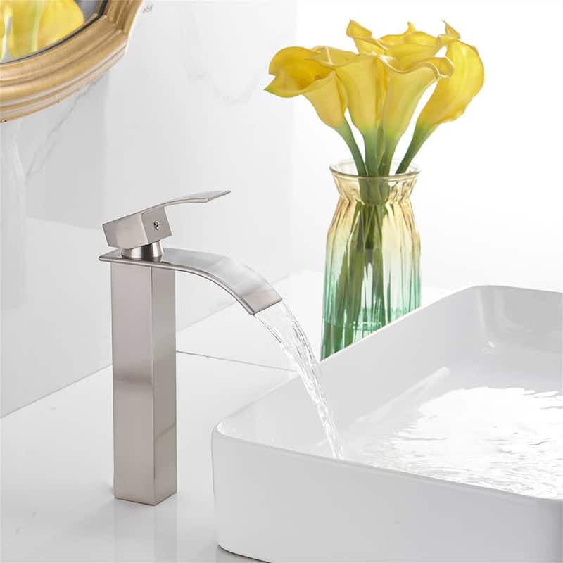 Waterfall Bathroom Vessel Faucet With Drain Assembly Single Handle Bathroom Vessel Sink Faucets 1 Hole Lavatory Vanity Basin Tap