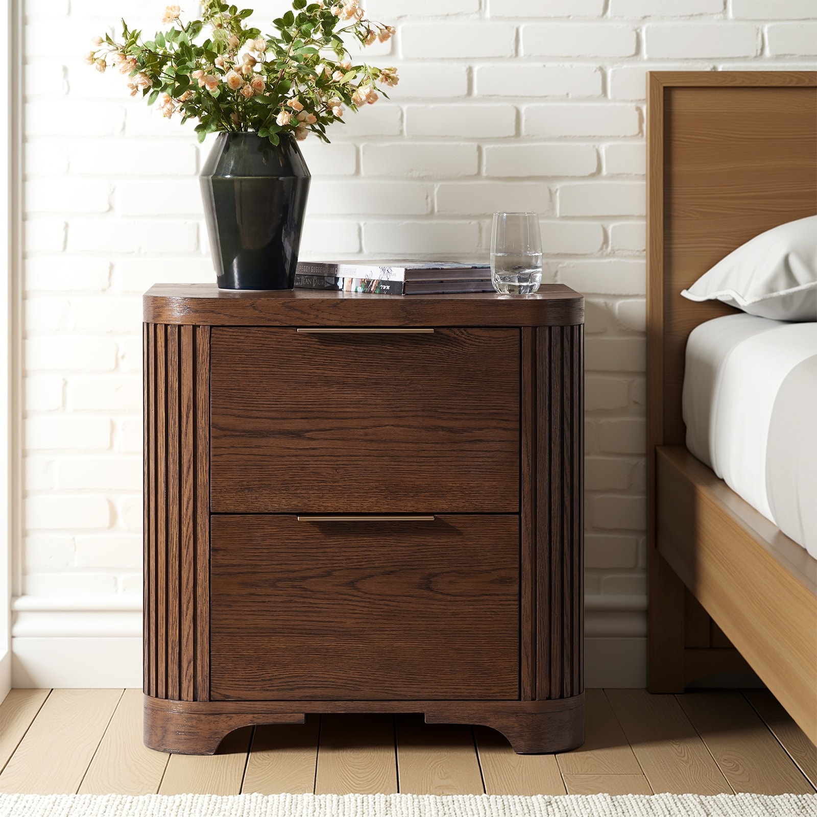 Elida Modern 2-Drawer Fluted Solid Wood Nightstand with Power Outlet By HULALA HOME