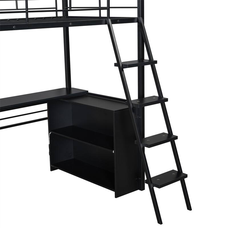 Metal Gaming Loft Bed with LED Light and Bulit-in Desk, Twin/Full Size Loft Bedframe with 4 Storage Shelves and Steps