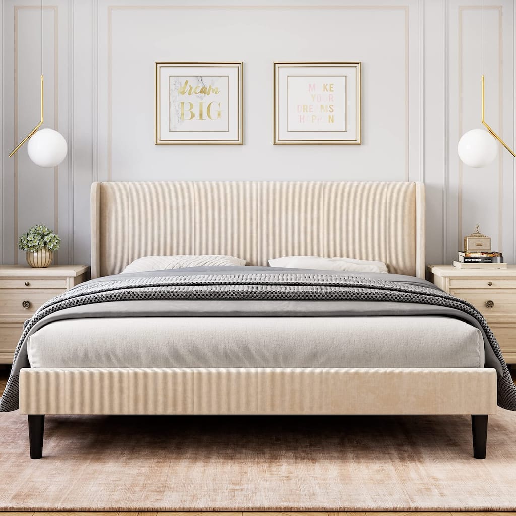 Upholstered Bed Frame with Wingback Headboard