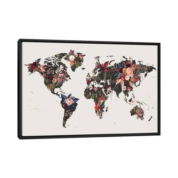 slide 2 of 12, iCanvas "Flowered World Map I" by Design Fabrikken Framed Black - 26x40