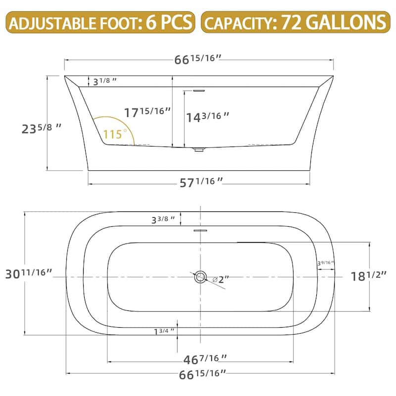 67 in. x 30.7 in. Acrylic Freestanding Flatbottom Soaking Bathtub in Gloss White