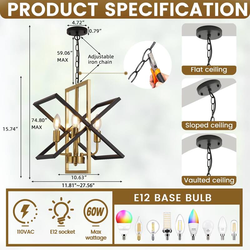 4-Light Industrial Farmhouse Rotation Rectangle Chandelier 27-Inch - N/A