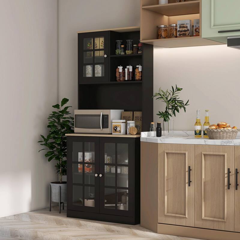72" Freestanding Kitchen Pantry Cabinet with Hutch, Large Countertop, Glass Doors, and Adjustable Shelves