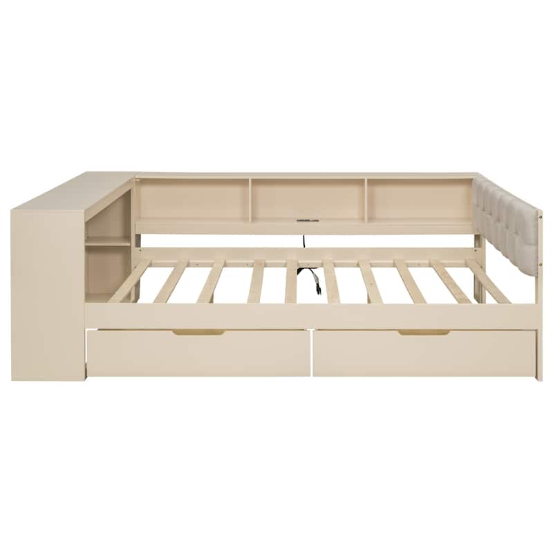 Roomfitters Full Size Platform Bed, Wooden Frame with Shelves, Drawers, Charging Station and Upholstered Headboard