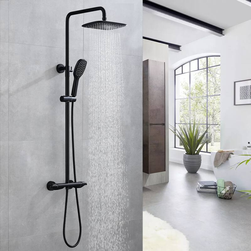 3-Way Thermostatic Complete Rain Shower System Black Wall Exposed Install with Rough-in Valve