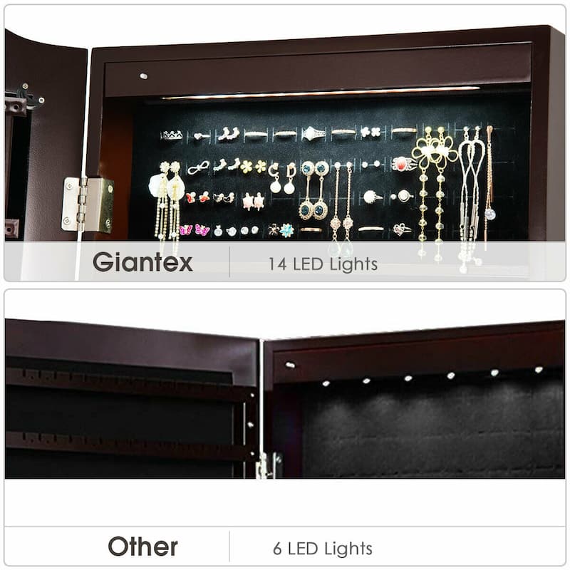 Gymax Mirrored Jewelry Cabinet Armoire Storage Organizer w/Drawer &