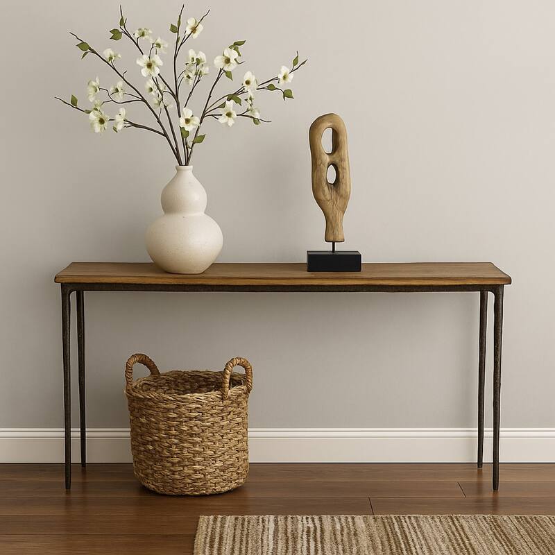 Lemy Sofa Console Table, 62 Inch Rectangular Brown Top, Black Frame