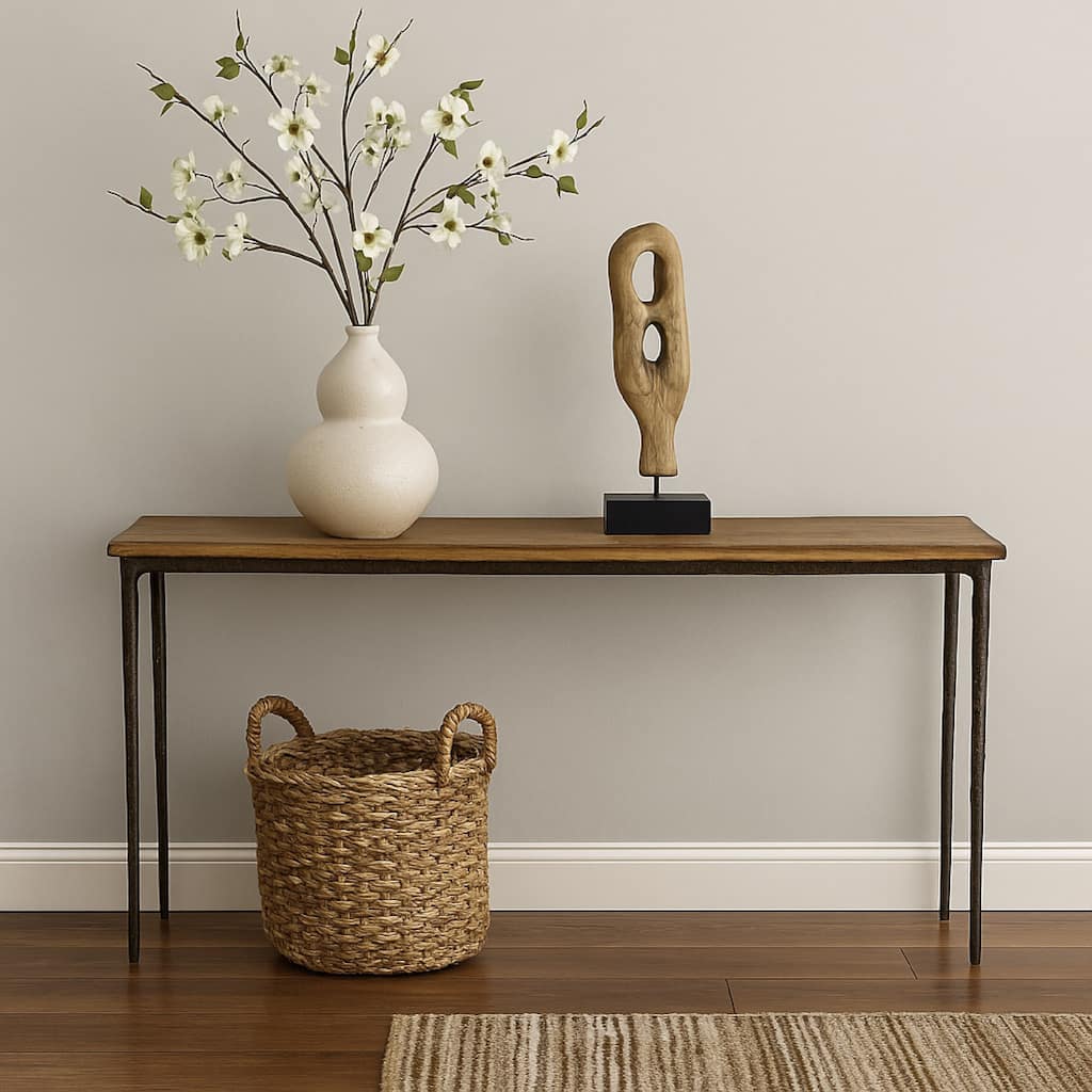 Lemy Sofa Console Table, 62 Inch Rectangular Brown Top, Black Frame