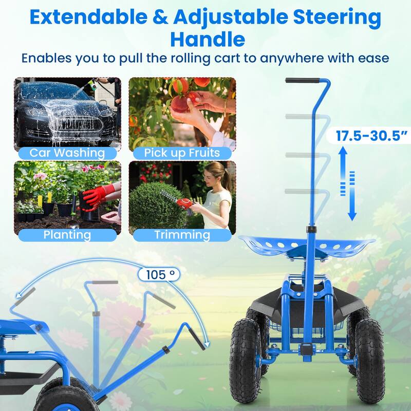 Gymax Rolling Garden Cart Scooter w/ Adjustable Seat Storage Basket