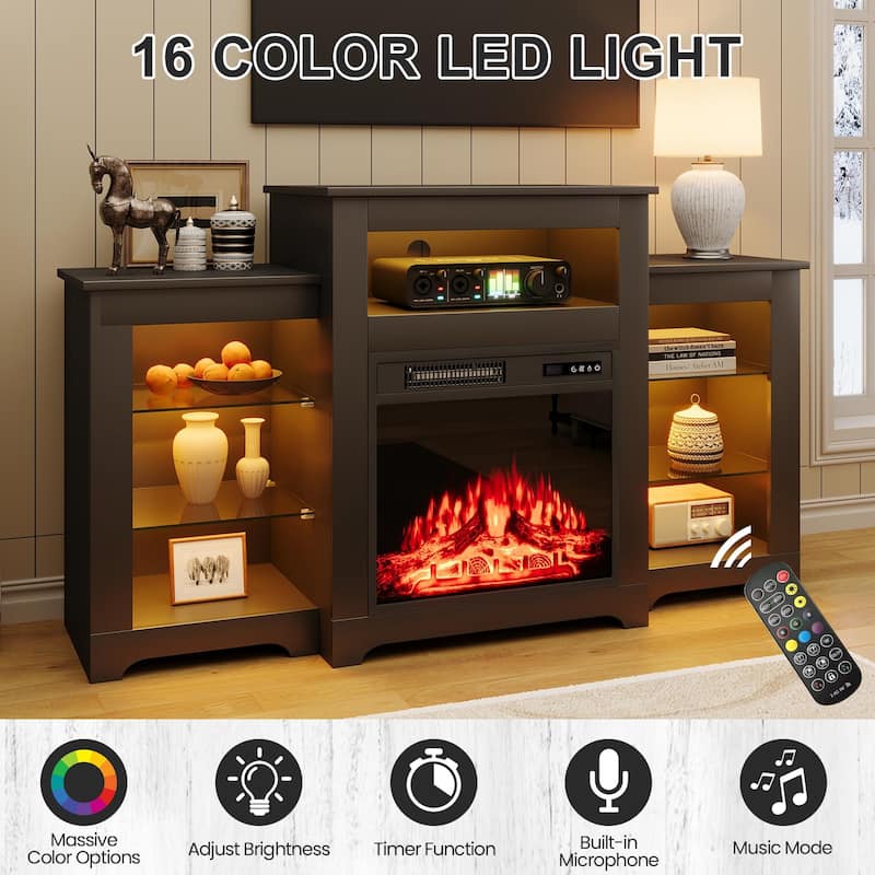 32" H Fireplace TV Stand, 55/70 Inch Media Console for TVs up to 80", Remote, Storage & LED Lights