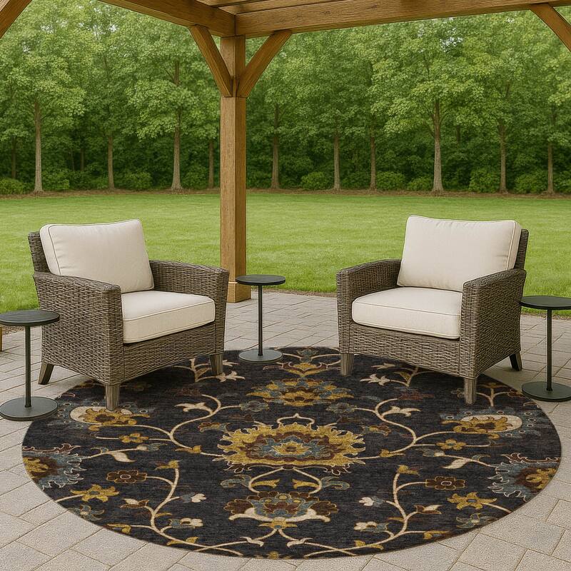 Machine Washable Indoor/ Outdoor Traditional Luna Chantille Rug - Black - 8' x 8'