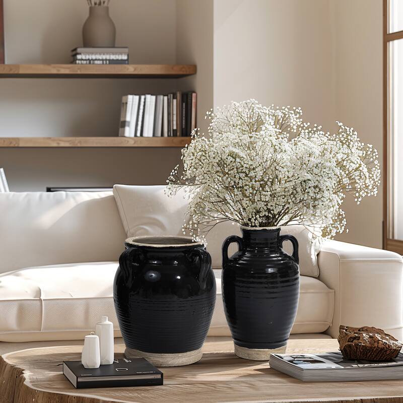 2-Piece Black Jug Terracotta Vase with Two Handles Set