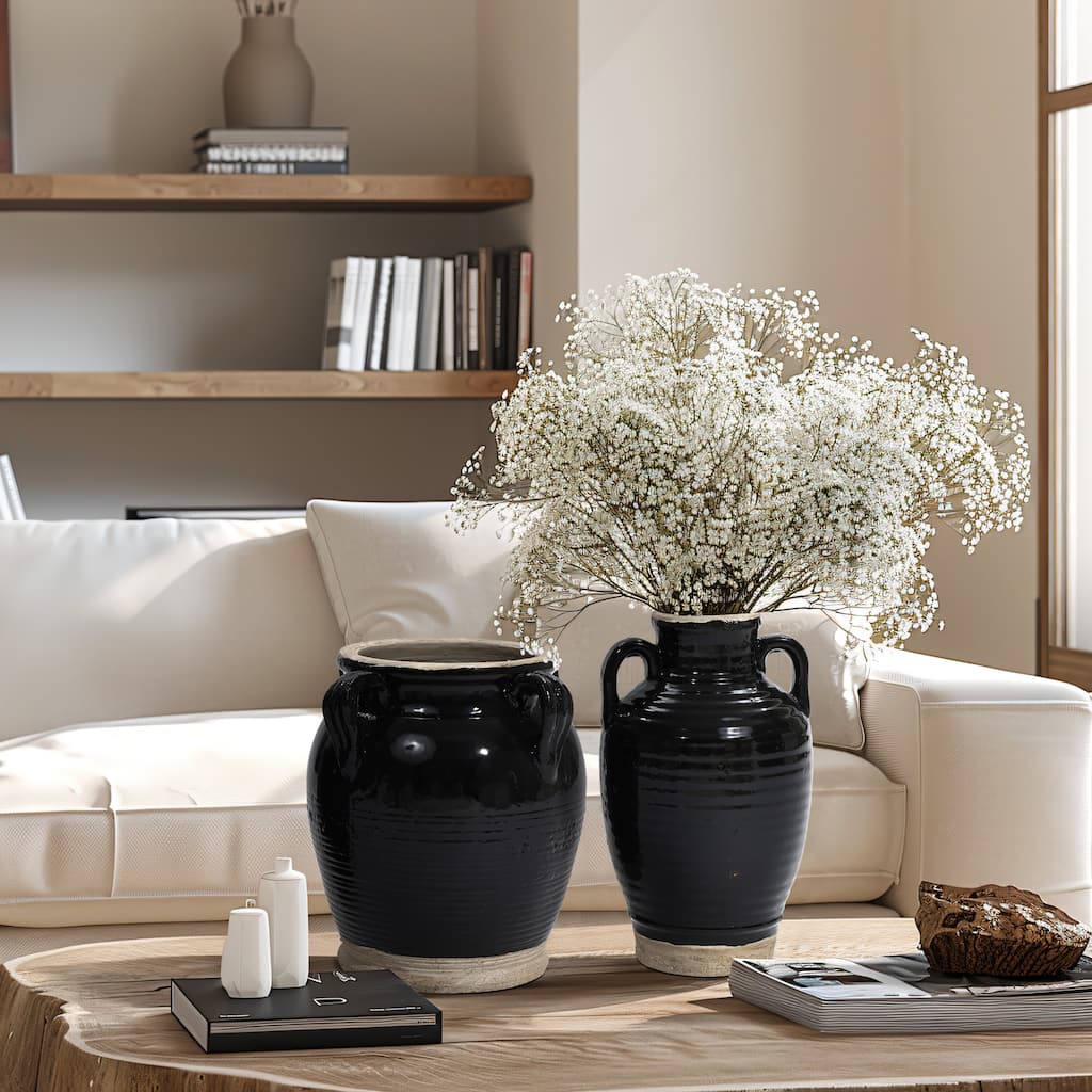 2-Piece Black Jug Terracotta Vase with Two Handles Set