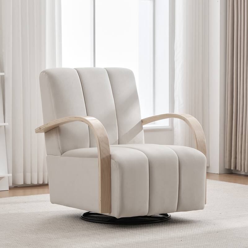 30.3"W Upholstered Swivel Accent Chair with Solid Wood Armrests, Channel Tufted Lounge Chair Single Reading Sofa Chair - Beige-Velvet