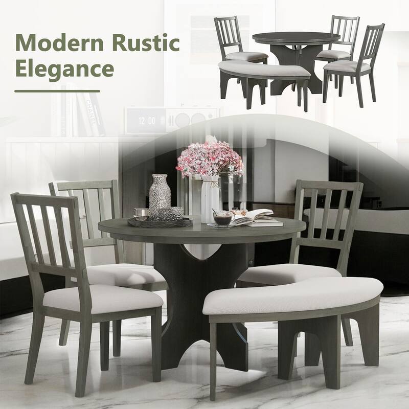 5-Piece Rustic Round Dining Set with 3 Upholstered Chairs and Curved Bench, Wood Kitchen Table for Dining Room and Kitchen