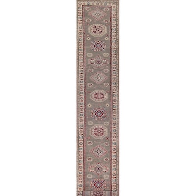 Gray Kazak Oriental Runner Rug Hand-Knotted Wool Carpet - 2'9" x 19'8"