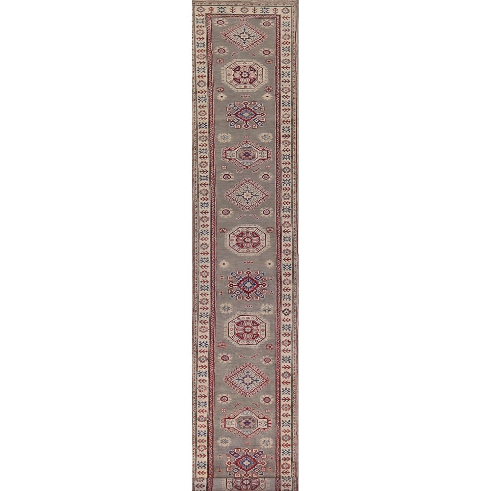 Gray Kazak Oriental Runner Rug Hand-Knotted Wool Carpet - 2'9" x 19'8"
